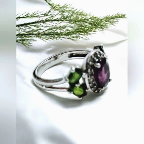 STERLING SILVER RING RASPBERRY Rhodolite Chrome Diopside & Zircon Rhodium SZ 6 - Picture 4 of 11